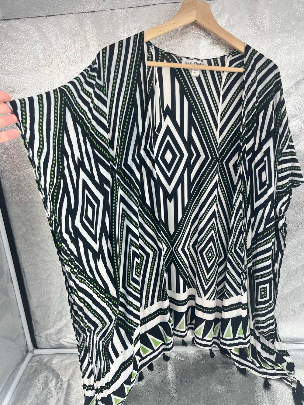 Say What? Geometric Print Kimono Cover-Up with Tassels Resortwear One Size